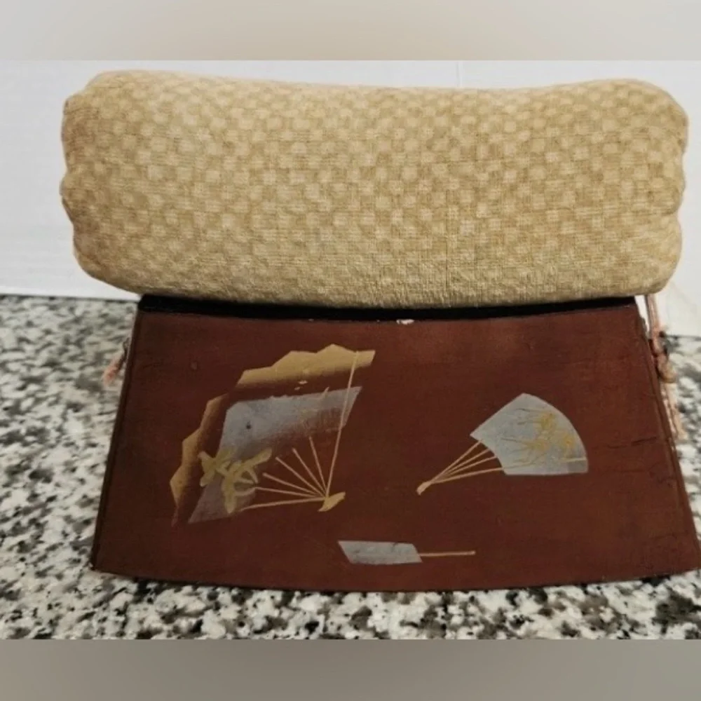 Antique Japenese Lacquered Wooden Neck Pillow Geisha Traditional‎ Takamakura Fan